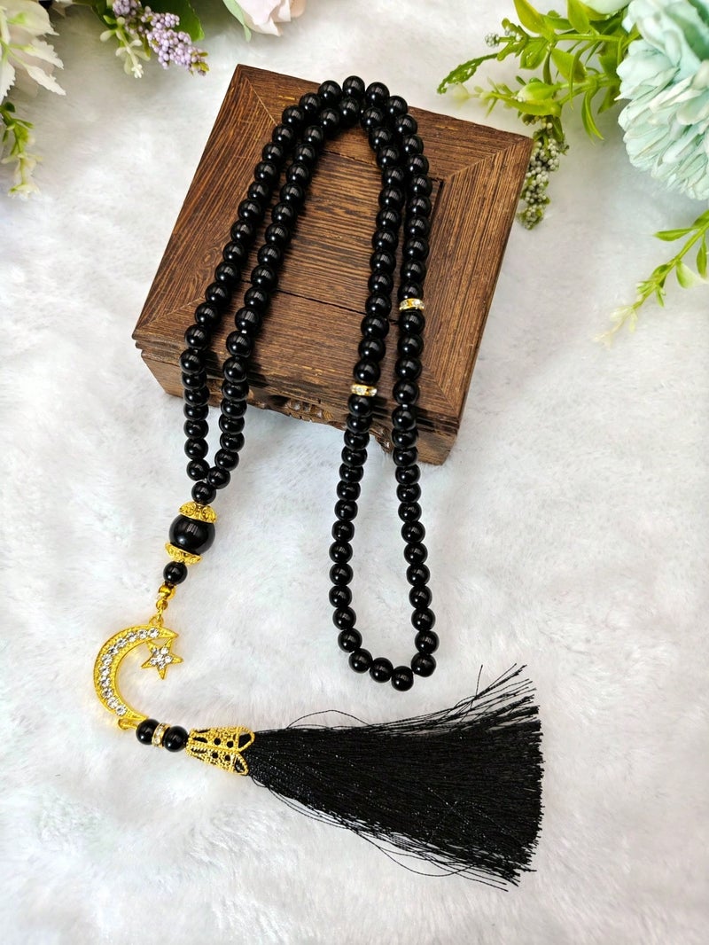 Ramadan Prayer Beads with Crescent Charm – Elegant Tasbih with Tassel